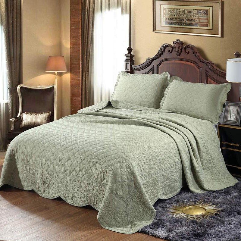 vctops 100% Cotton Floral Embroidered Quilt Set 3-Piece Oversize Queen Size Reversible Diamond Pattern Quilted Bedspread Coverlet Bed Cover (Oversize Queen,Green) - Image 1